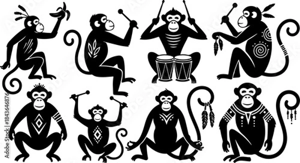 Obraz Monkey Silhouette Collection – Primate Poses Black Vector Set