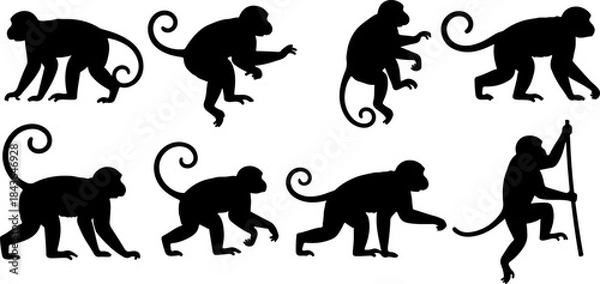 Obraz Monkey Silhouette Collection – Primate Poses Black Vector Set