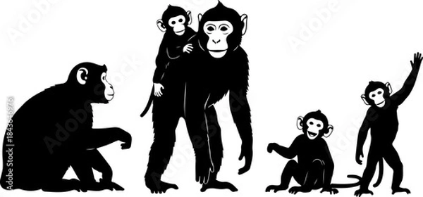 Obraz Monkey Silhouette Collection – Primate Poses Black Vector Set