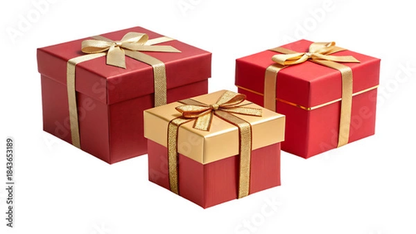 Fototapeta Three festive red and gold gift boxes with ribbons and bows arranged for holiday celebration isolated on transparent background