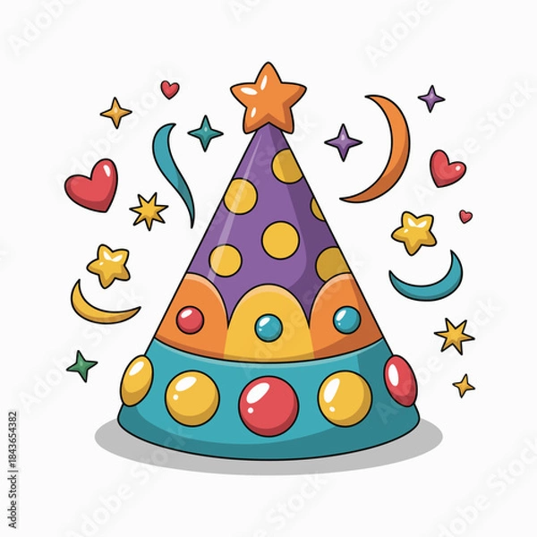Obraz This vibrant, festive party hat features playful stars, hearts, and circles, making it a perfect accessory for celebrating birthdays and joyful events.