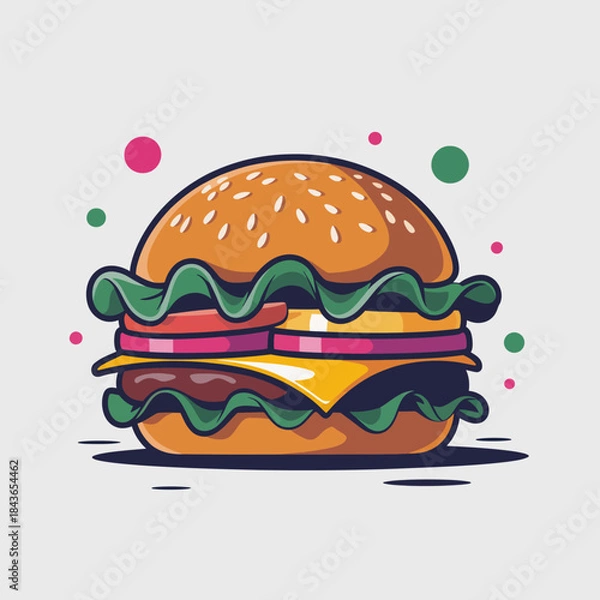 Obraz An enticing illustration of a perfectly crafted hamburger, showcasing an array of fresh ingredients with vibrant colors, representing the joy and satisfaction of good food in a playful style.