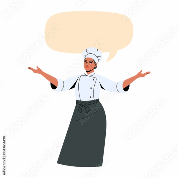 Obraz A confident chef is showcasing their culinary skills with open arms, inviting engagement and emphasizing the art of cooking, ready to share their expertise and creativity.