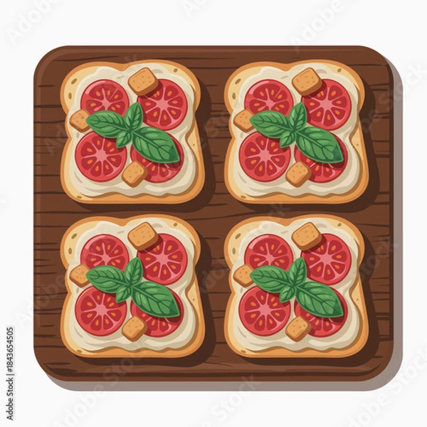 Obraz A wooden platter holds four beautifully arranged toasts topped with fresh tomato slices, croutons, and basil leaves, showcasing an appetizing culinary presentation.