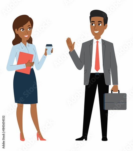 Obraz Two professionals, a man and a woman, engage in conversation in an office setting, exemplifying networking, collaboration, and the essence of modern workplace interactions.