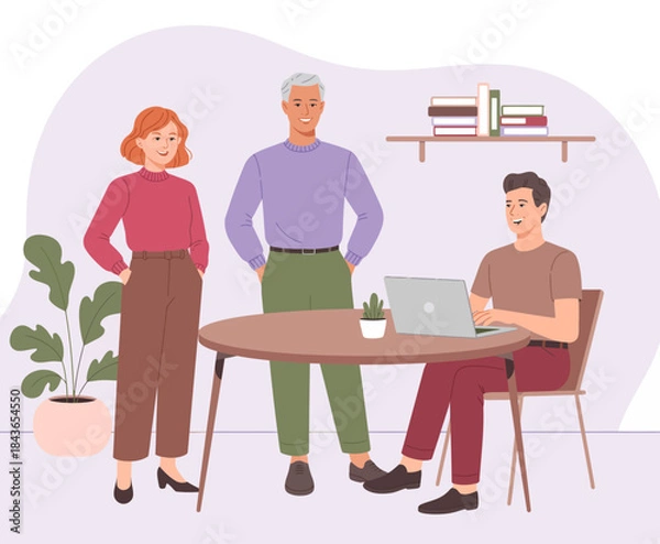 Obraz A friendly group of three professionals engage in a collaborative work environment, showcasing their interactions and teamwork around a table, emphasizing creativity and innovation.