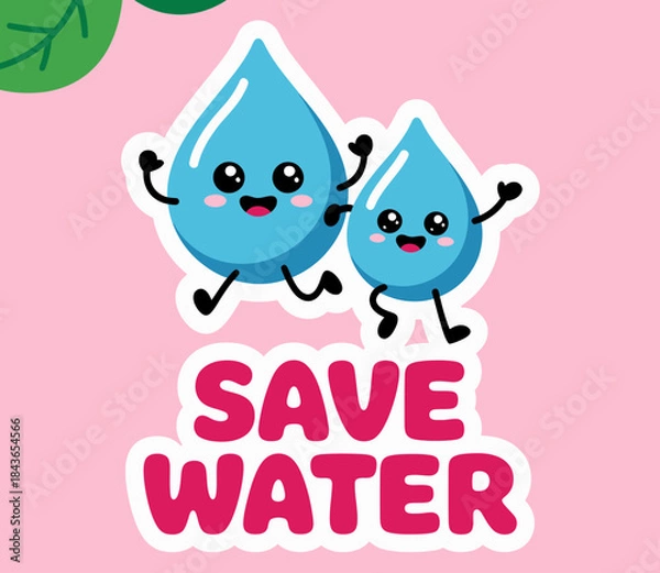 Obraz Two adorable cartoon water droplets cheerfully advocate for water conservation, conveying an important message about sustainability and environmental awareness in a fun and engaging style.