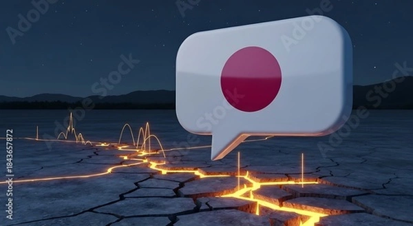 Fototapeta Japan Flag Speech Bubble on Cracked Ground with Glowing Energy, Symbolizing Global Issues, Communication Crisis, and Economic Challenges