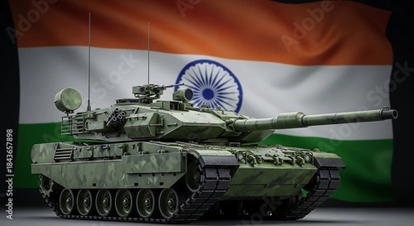 Fototapeta Indian Army Main Battle Tank with National Flag Background Symbolizing Military Strength and Defense