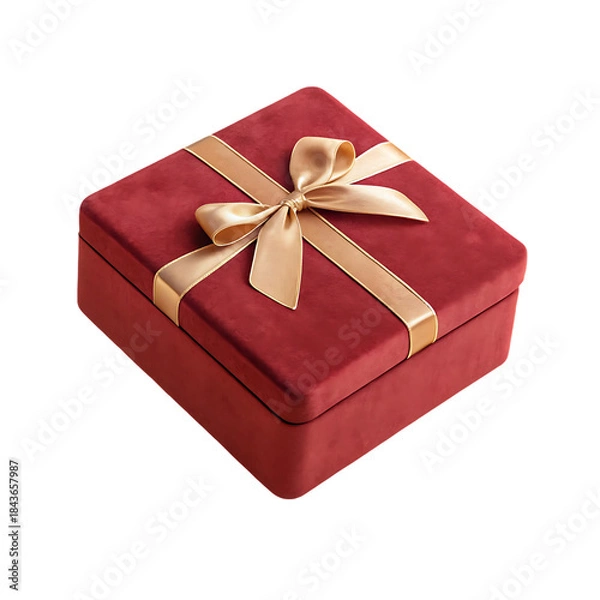 Fototapeta Elegant red velvet gift box with a golden ribbon tied in a perfect bow isolated on transparent background