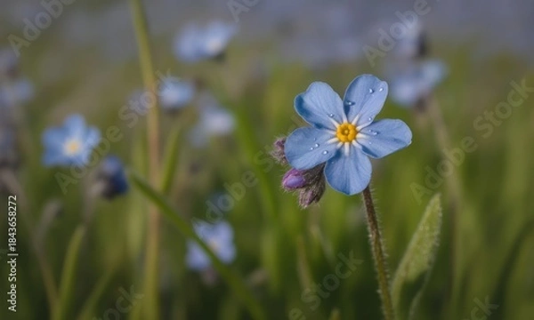 Fototapeta Close-up of a Forget-Me-Not flower, vibrant blue petals, dew drops, amidst green grass