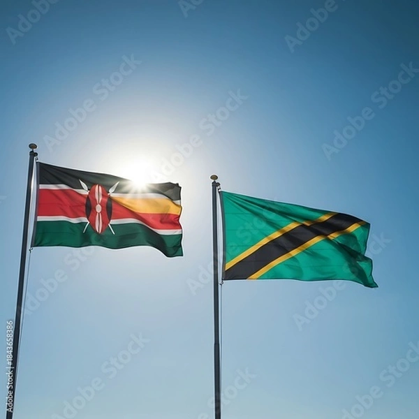 Fototapeta Waving National Flags of Kenya and Tanzania United Against Bright Blue Sky and Sunlight