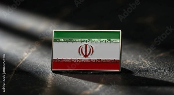 Fototapeta Metallic Enamel Badge of the Iranian Flag on Dark Textured Background, a National Symbol of Iran