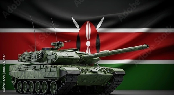 Fototapeta Modern Military Tank with Camouflage Pattern in Front of Waving Kenyan Flag, Symbolizing National Defense