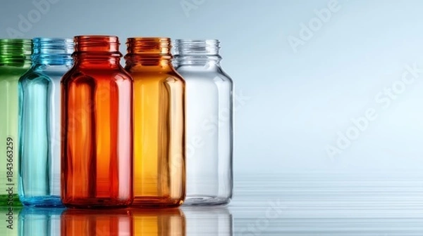 Obraz An artistic arrangement of colorful plastic bottles in various hues on a reflective surface, showcasing modern design, sustainability, and the vibrant aspects of recycled materials.