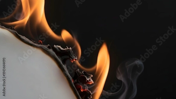 Obraz A closeup view of a burning object with flames and smoke on a dark background