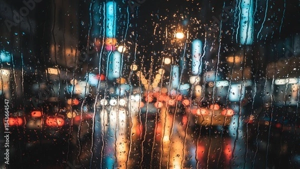 Obraz Blurry city street at night with raindrops on windowpane reflecting colorful lights and traffic