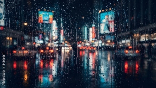 Obraz Rainy city street at night with blurred lights and reflections on wet pavement in urban environment