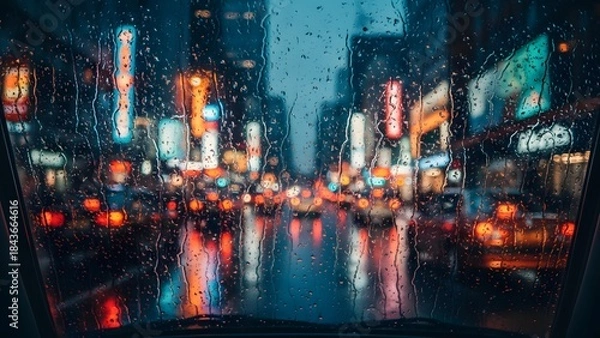 Obraz Blurry city street at night with raindrops on the windshield and colorful lights reflecting off wet pavement