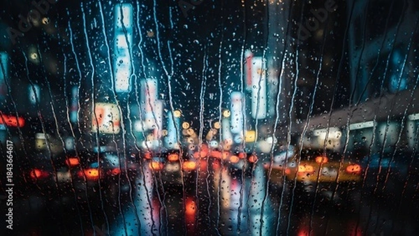 Obraz Blurry city street at night with rain falling on windowpane with lights reflecting on wet road surface