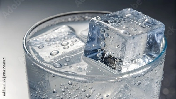 Obraz Closeup of a glass filled with ice cubes and water droplets on a dark background