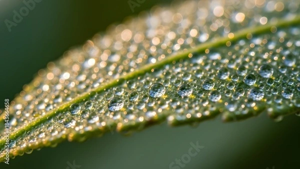 Obraz A closeup view of a green leaf covered in dew drops on a blurred background