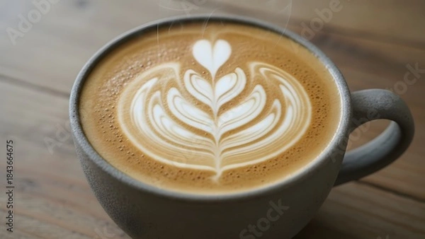 Obraz A closeup shot of a mug of latte coffee with a leaf design on top sitting on a wooden table