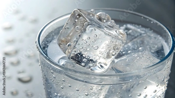Obraz Closeup of a glass of water with ice cubes and droplets on the outside on a gray surface