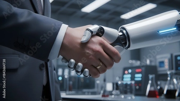 Obraz Businessman in a suit shaking hands with a robotic arm in a laboratory setting with various equipment and beakers