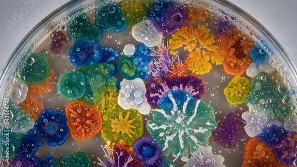 Obraz Colorful petri dish with various vibrant round colonies growing in agar gel isolated on white background