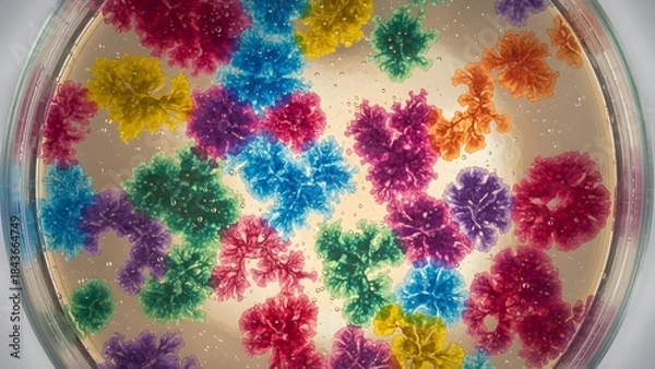 Obraz Colorful colonies of bacteria growing on agar plate in laboratory setting for microbiology research and testing