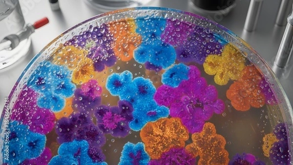 Obraz Closeup of colorful bacterial colonies growing on agar plate in laboratory setting with various microorganisms