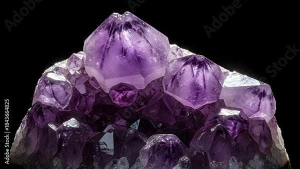 Obraz Amethyst crystal cluster with purple gemstones on black background