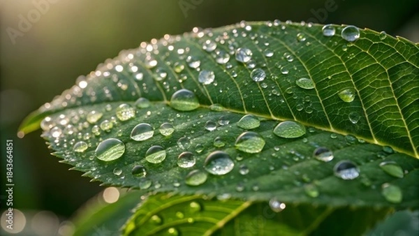 Obraz A closeup view of a green leaf covered with dew drops on a blurred natural background