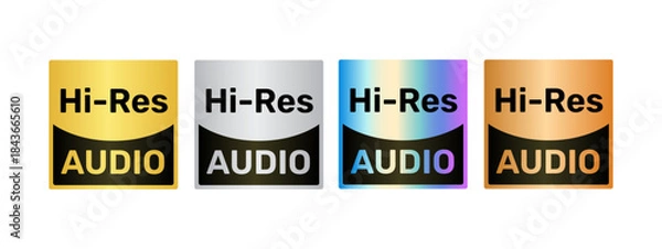 Obraz Hi-Res Audio Logo, Vector Graphic Set with Gold, Silver, Holographic, and Bronze Metallic Finishes