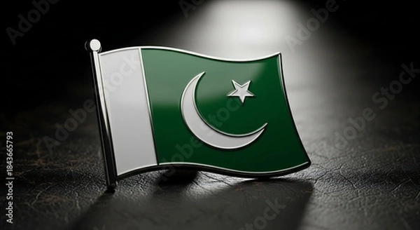 Fototapeta Elegant Metallic Pakistan Flag Pin on Dark Textured Background with Dramatic Spotlight