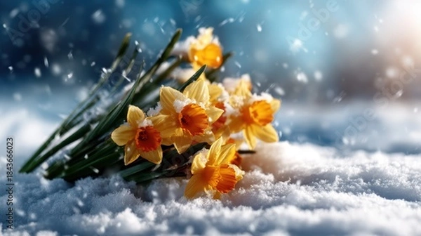 Obraz A beautiful arrangement of bright yellow daffodils covered in light snow, contrasting vividly against a softly blurred winter backdrop that evokes feelings of resilience and hope.