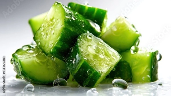 Obraz This close-up showcases vibrant cucumber cubes adorned with dewdrops, highlighting their freshness and inviting visual appeal, perfect for healthy and refreshing themes.