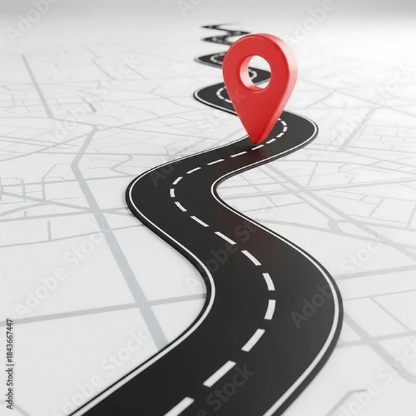 Fototapeta 3D Render of Winding Road Map with Red GPS Location Pin Indicating Destination or Starting Point