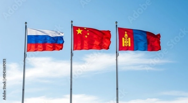 Fototapeta Flags of Russia, China, and Mongolia Waving in Unison Against a Bright Blue Sky