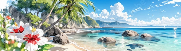 Obraz ハイビスカスと青い海の南国ビーチ風景