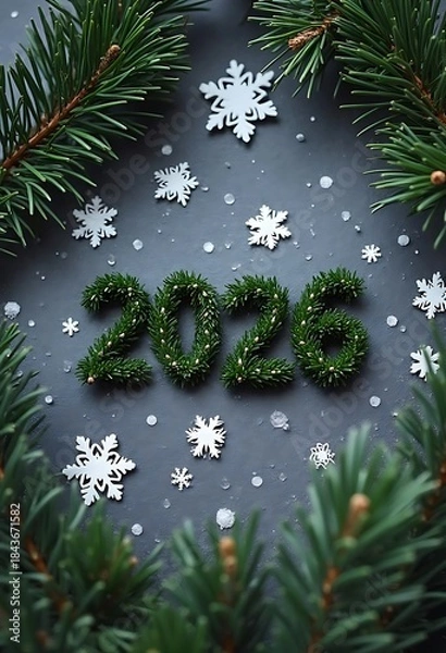 Fototapeta Festive 2026 New Year with Pine Branches and Snowflakes. Happy new year 2026