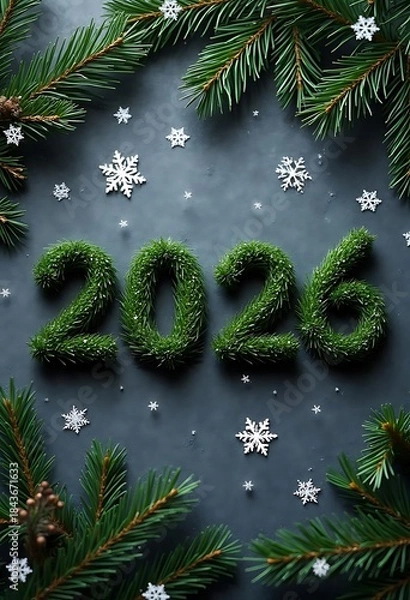 Fototapeta Festive 2026 New Year with Pine Branches and Snowflakes. Happy new year 2026