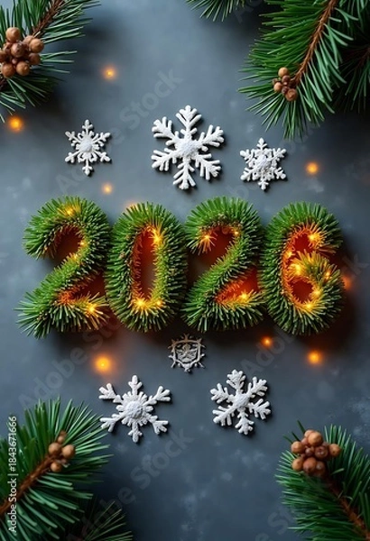 Fototapeta Festive 2026 New Year with Pine Branches and Snowflakes. Happy new year 2026