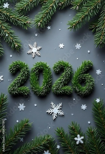 Fototapeta Festive 2026 New Year with Pine Branches and Snowflakes. Happy new year 2026