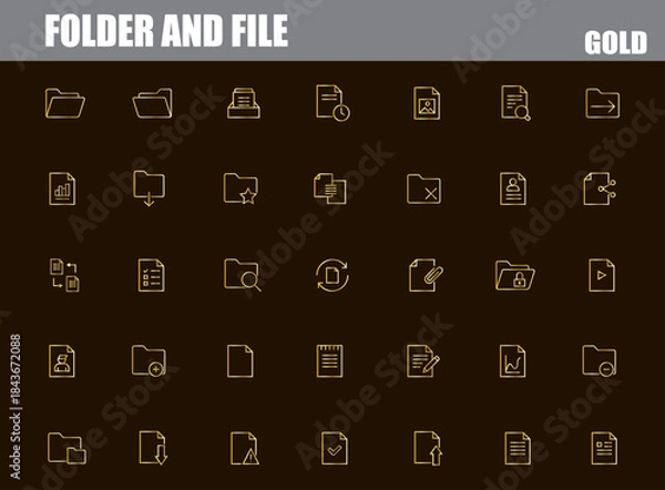 Fototapeta Minimal folder and file line icons set in luxury gold. data archive.