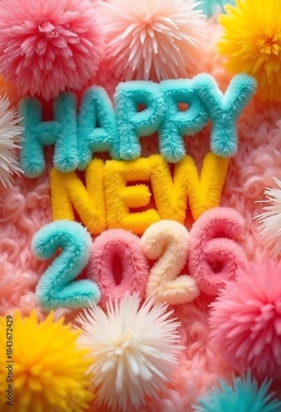 Fototapeta Happy New Year 2026 Fluffy Text with Colorful PomPoms. Happy new year 2026