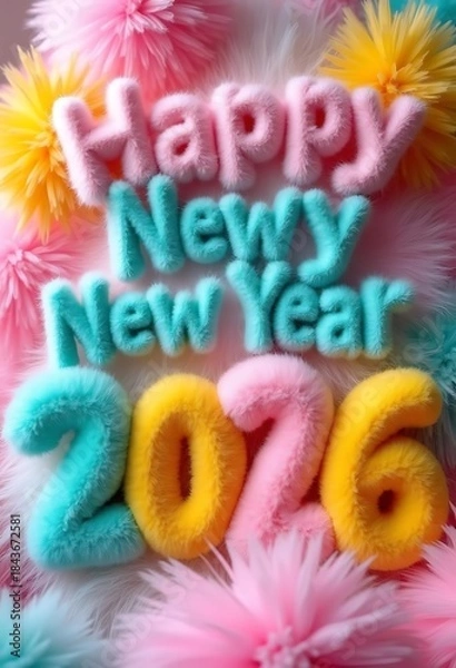 Fototapeta Happy New Year 2026 Fluffy Text with Colorful PomPoms. Happy new year 2026
