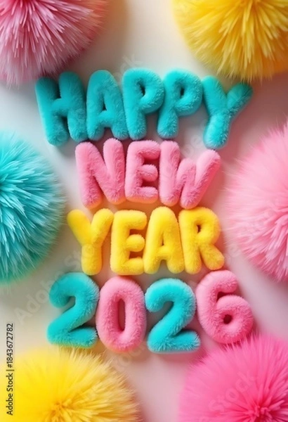 Fototapeta Happy New Year 2026 Fluffy Text with Colorful PomPoms. Happy new year 2026