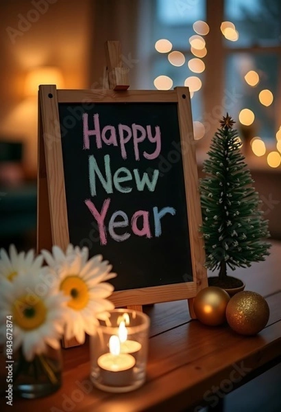 Fototapeta Festive New Year's Greeting on a Blackboard with Warm Lights. Happy new year 2026